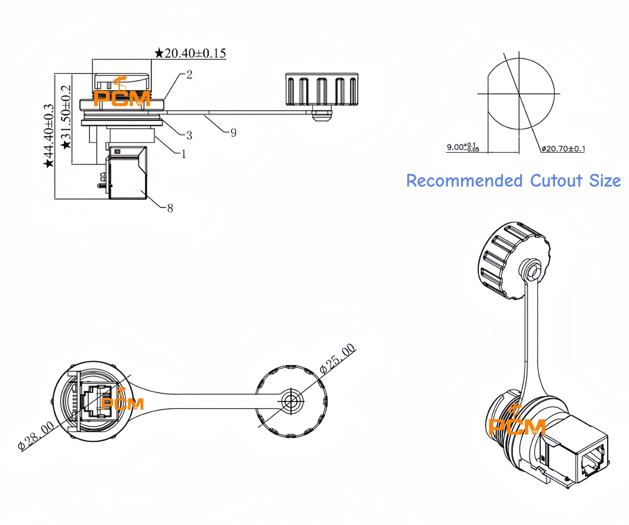 RJ12 6P6C Panel Mount Waterproof Connector