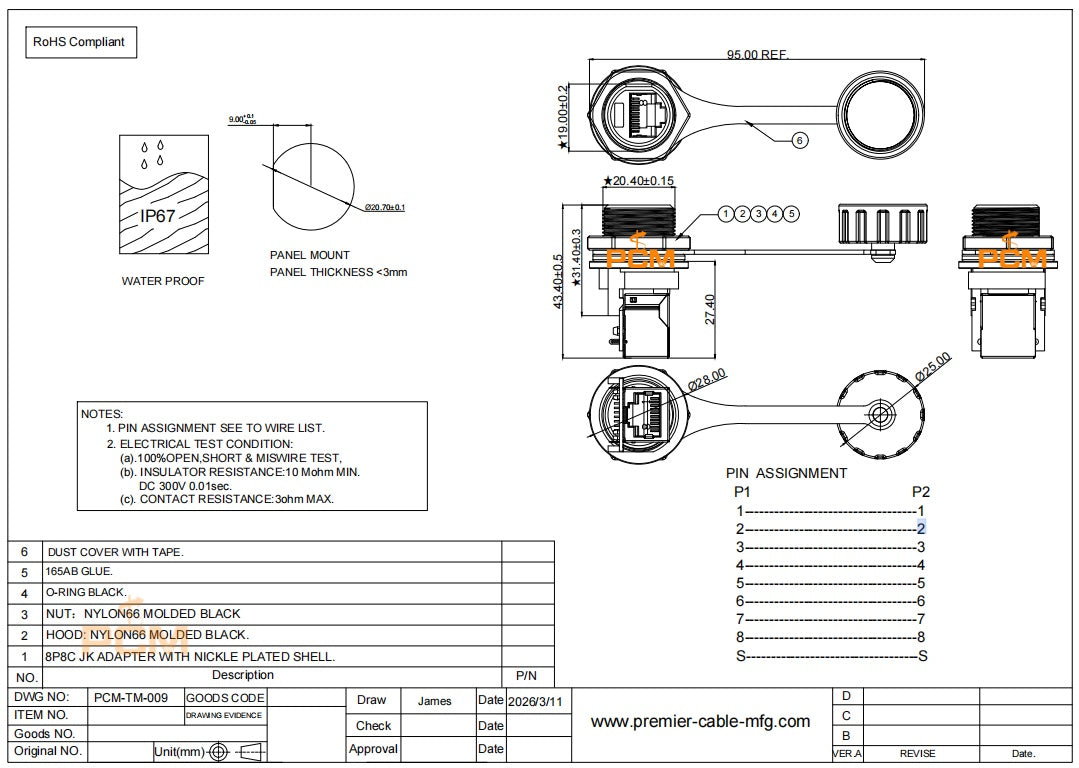 RJ45 Panel Mount Waterproof Connector
