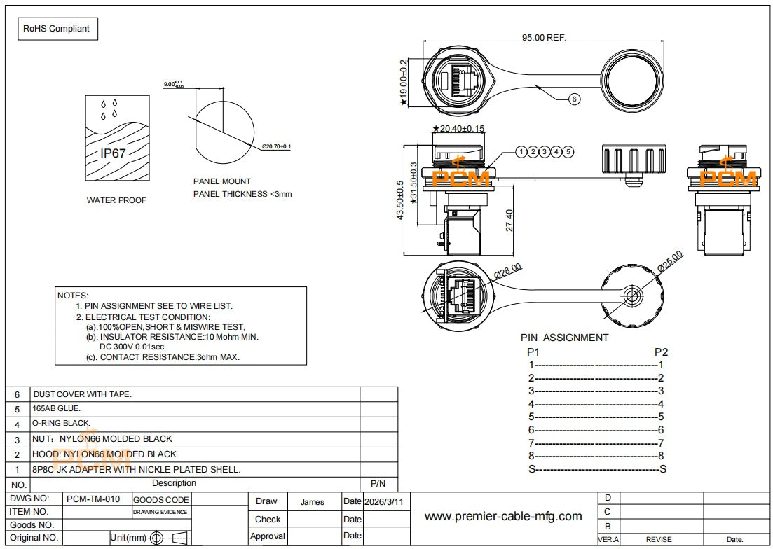 IP67 Panel Mount RJ45 Coupler