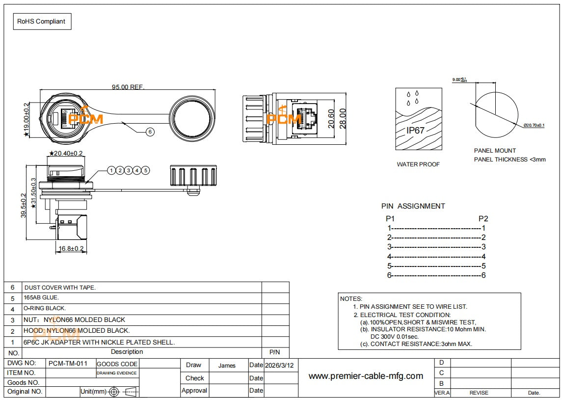 Panel Mount RJ12 Waterproof Connector Right Angle