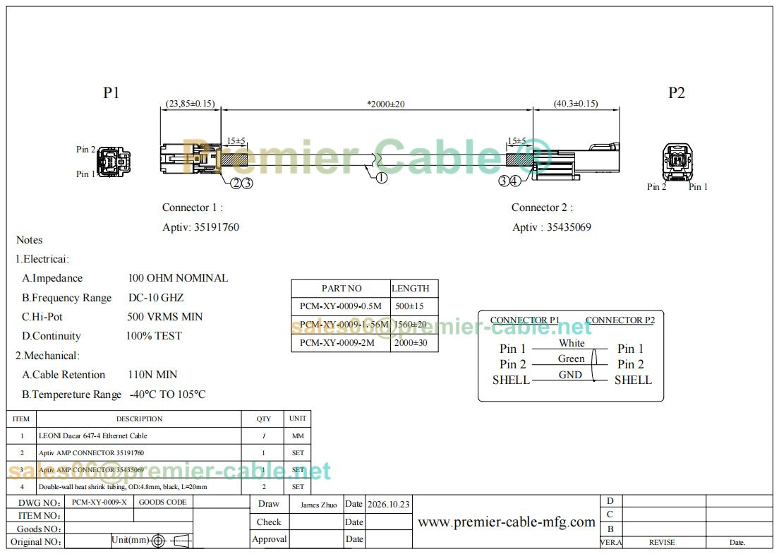 35191760 to 35435069 Aptiv AMEC Automotive Ethernet Extension Cable