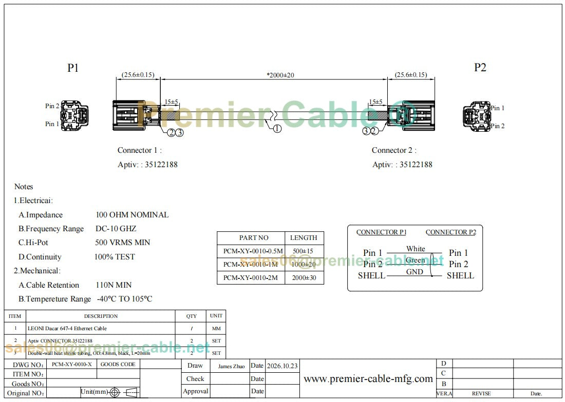 35122188 Aptiv AMEC Automotive Ethernet Wire Harness with CPA