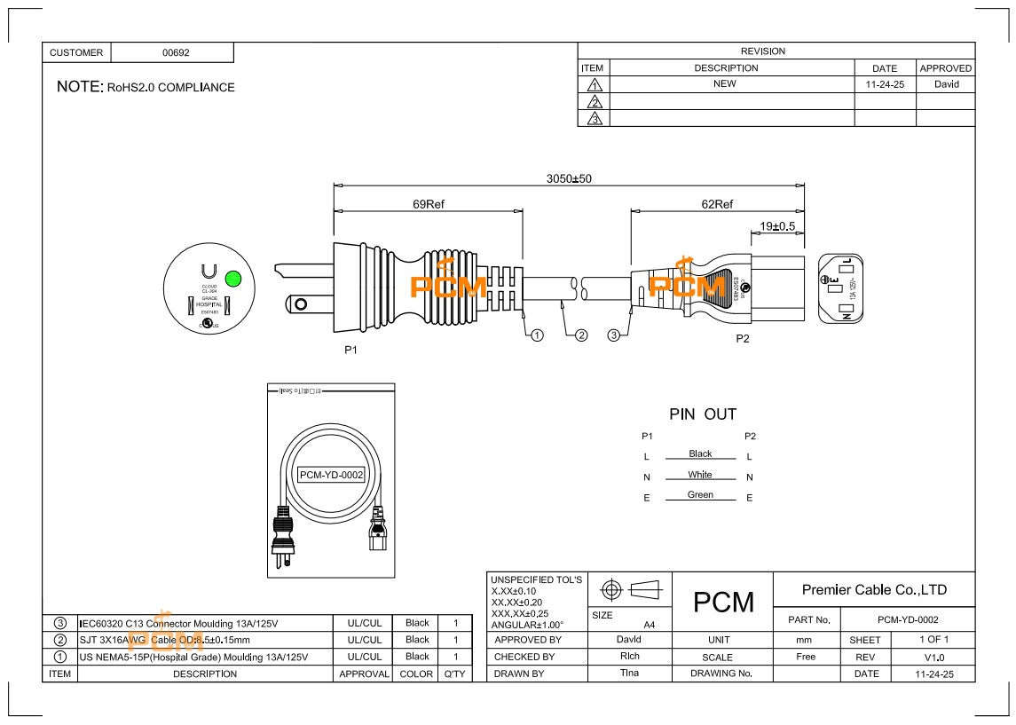 Hospital Grade Power Cord NEMA 5-15P to C13