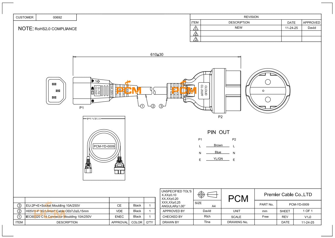 IEC 320 C14 to CEE 7/7 European Female Schuko Socket Adapter Cable