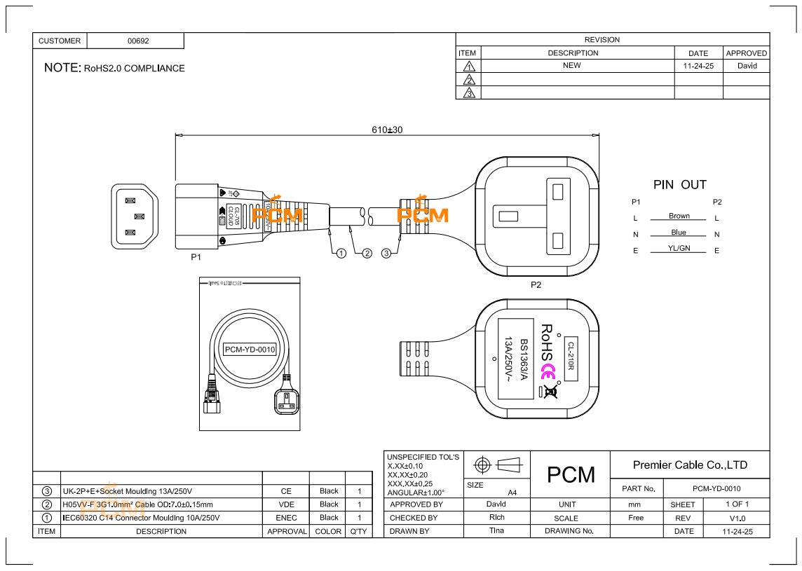 IEC320 C14 to UK BS1363 Outlet Socket Power Adapter Cable