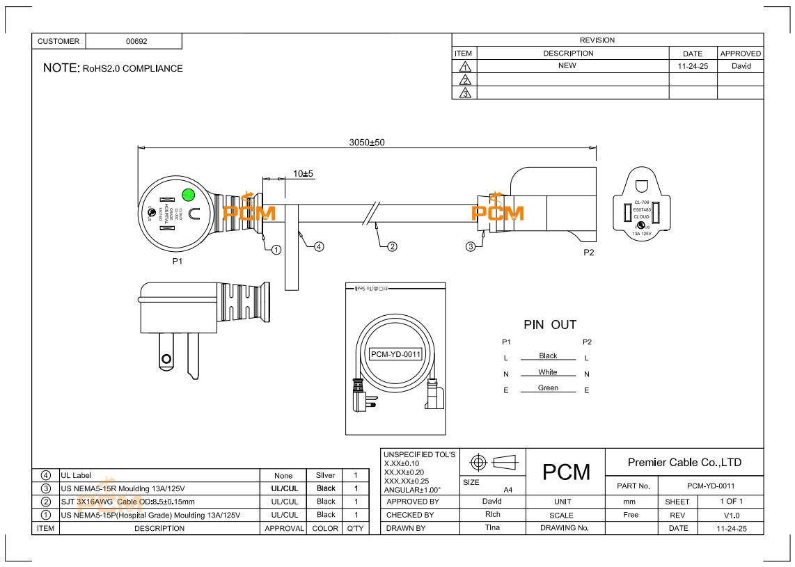Hospital Grade Power Cord Right-Angle NEMA 5-15P to 5-15R