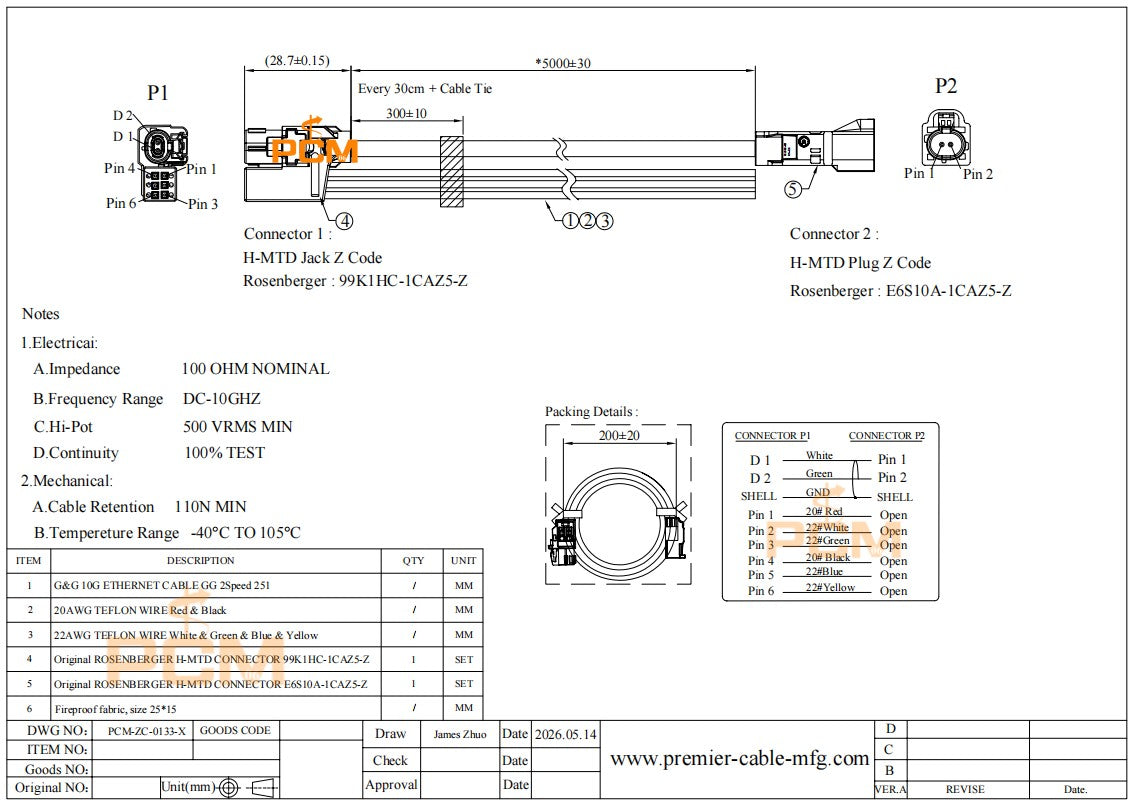99K1HC-1CAZ5-Z H-MTD Automotive Ethernet Cable with 6 Power Pins