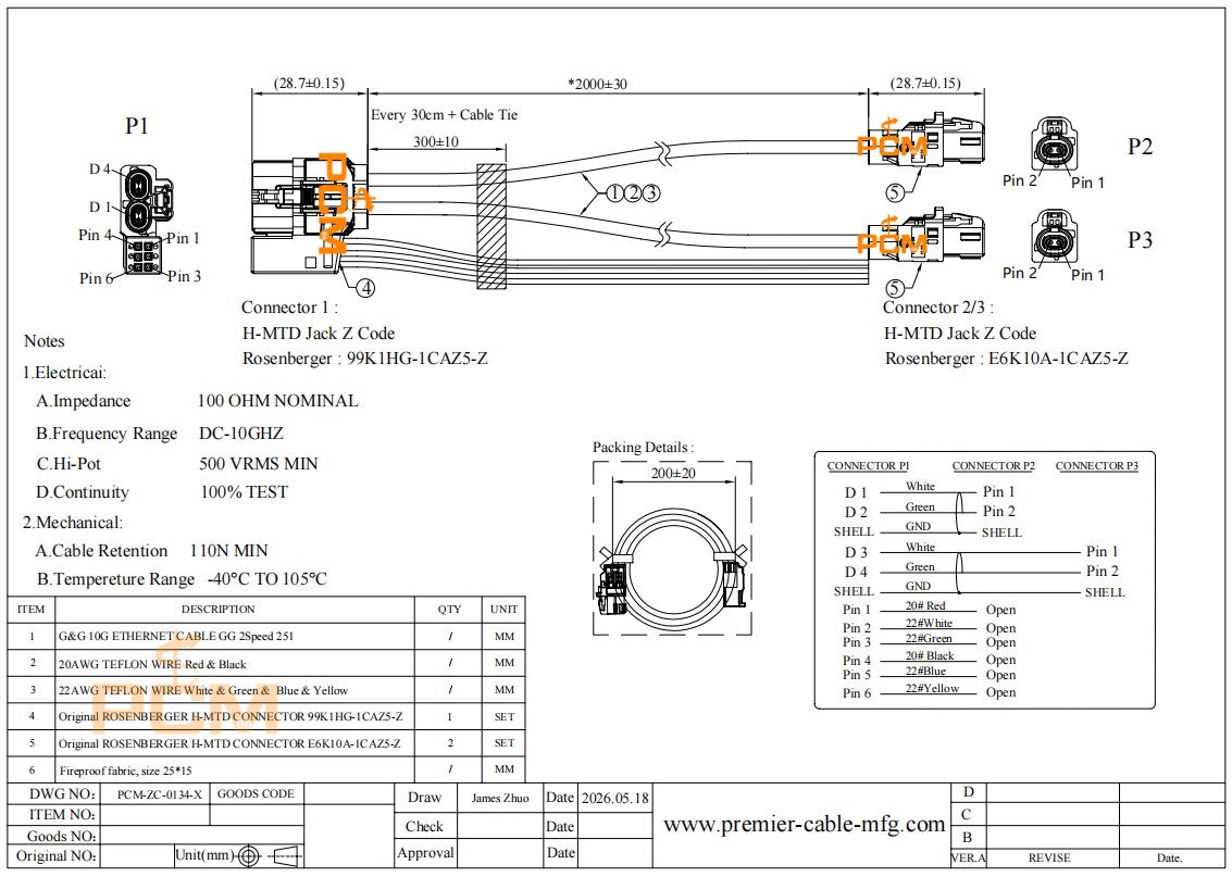 Dual H-MTD Automotive Ethernet Splitter Cable with 6 MQS Power Contacts
