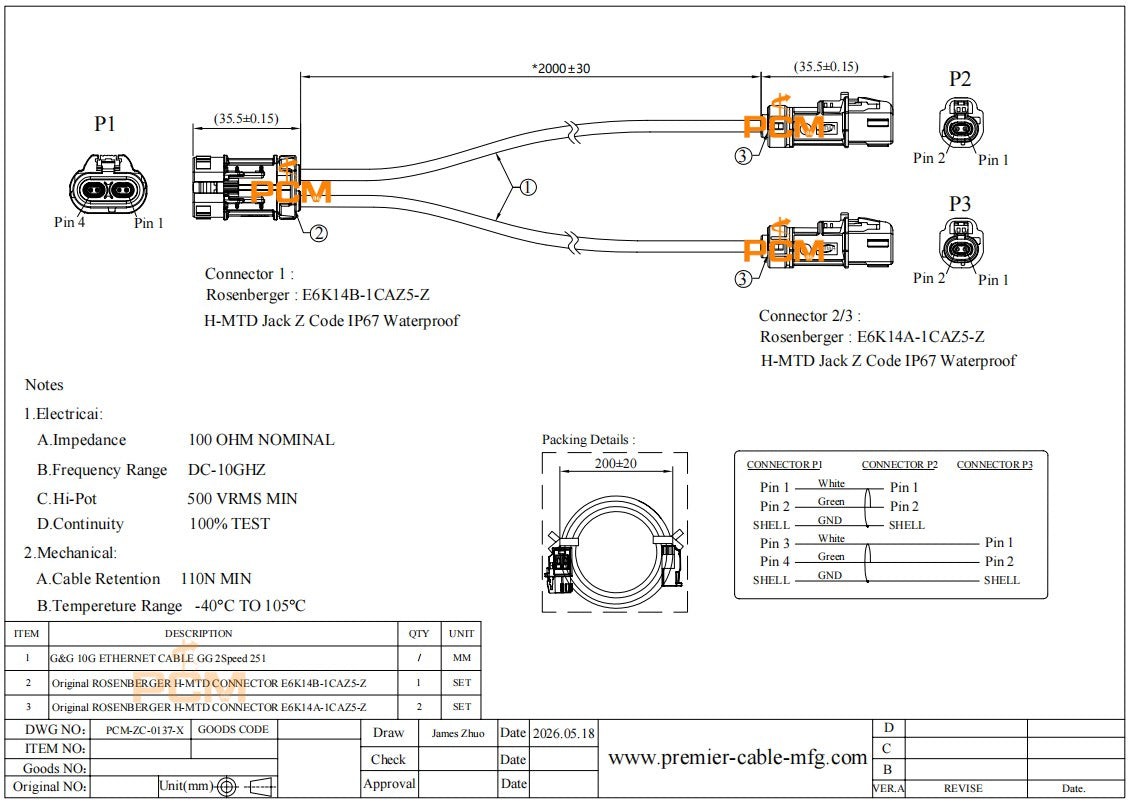 Waterproof Dual H-MTD Splitter Cable for Automotive Ethernet