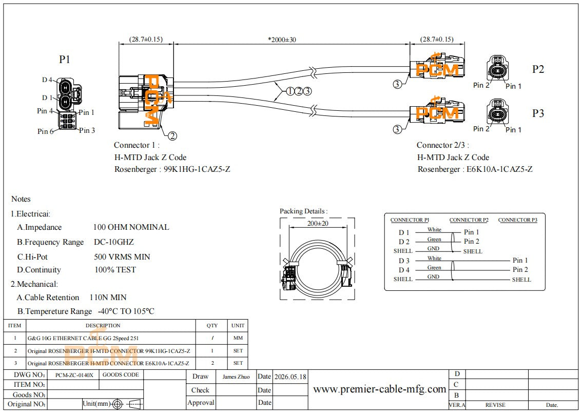 Dual Port H-MTD Automotive Ethernet Cable with 6 Pin MQS Contacts
