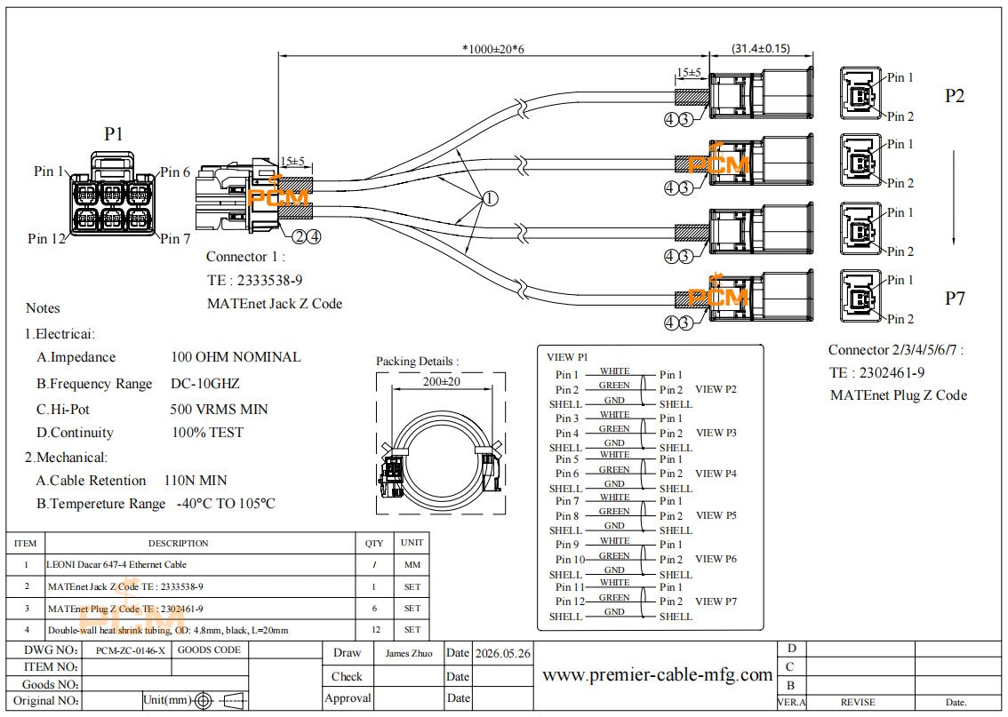 2333538-9 TE MATEnet Automotive Ethernet Cable 6 Port