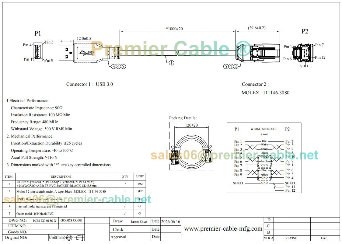 Compatible Molex 111146-3080 12 Pin Male to USB 3.0 Male Adapter Cable