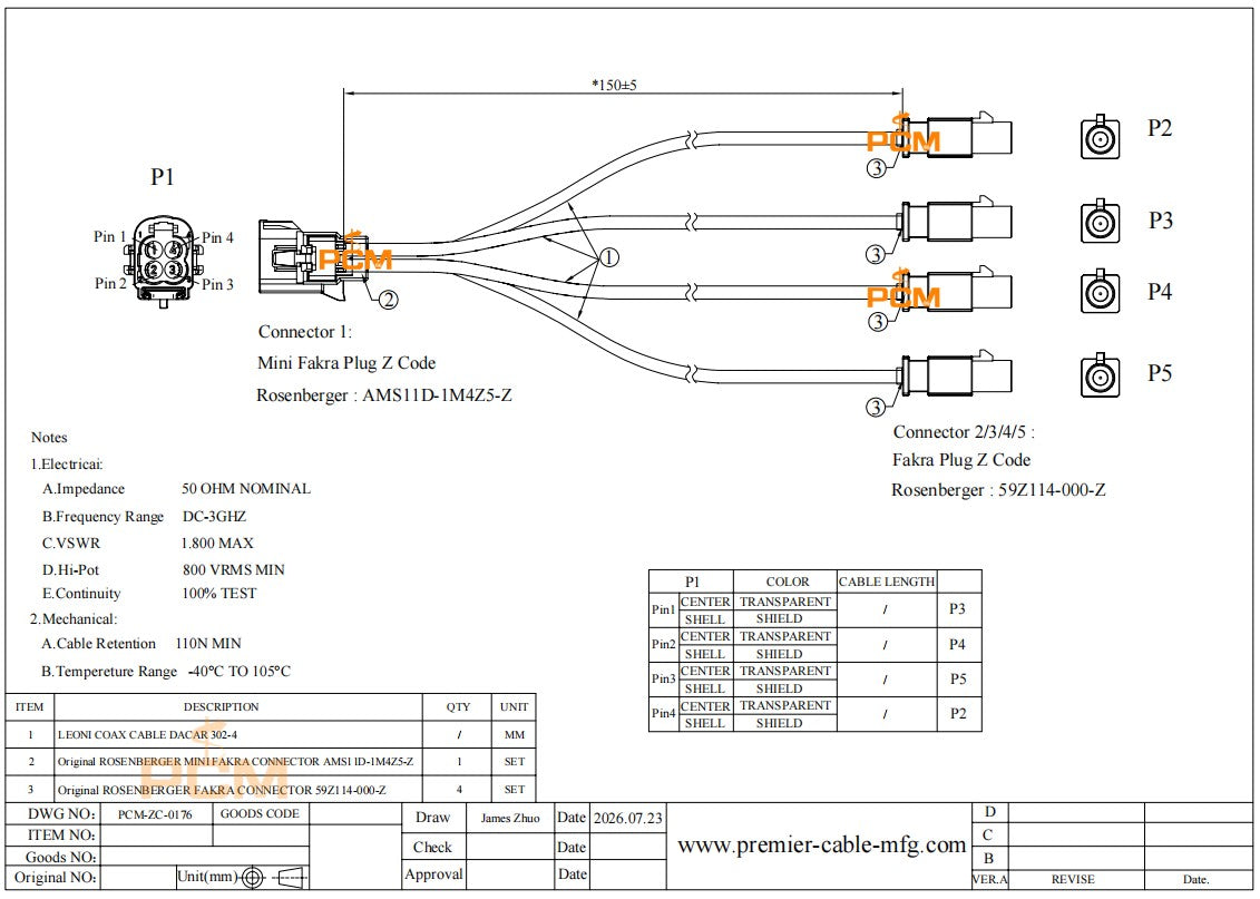 Quad HFM High Speed FAKRA Mini Cable Male to Male 0.15m