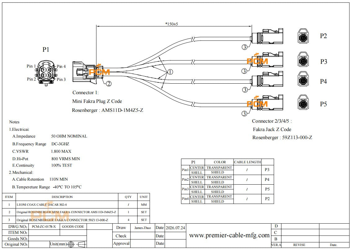Mini FAKRA 4 In 1  Coaxial Cable Male to Female 0.15m