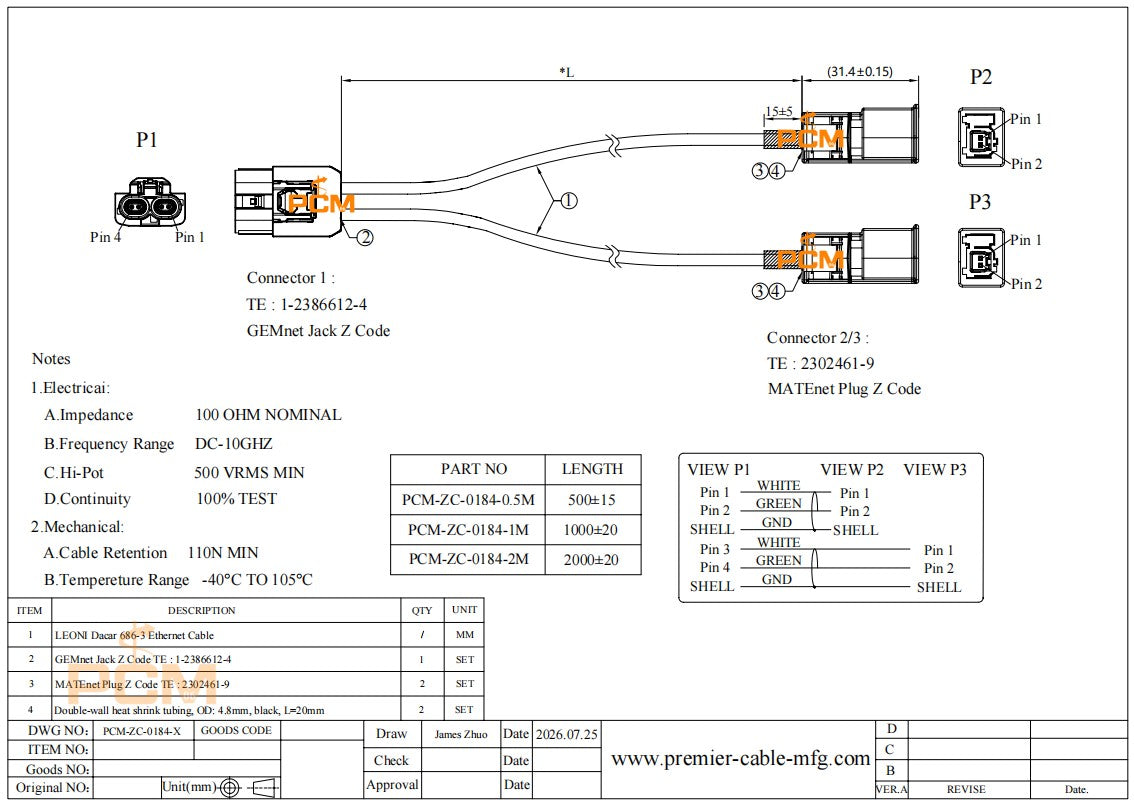 2 In 1 GEMnet Female to MATEnet Male Automotive Ethernet Cable
