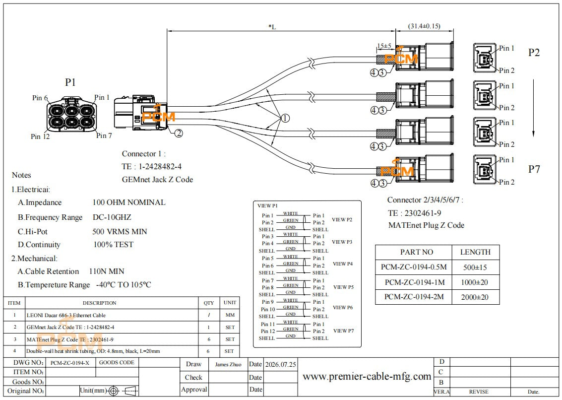 TE 1-2428482-4 6 In 1 GEMnet to MATEnet Extension Cable for Automotive Ethernet
