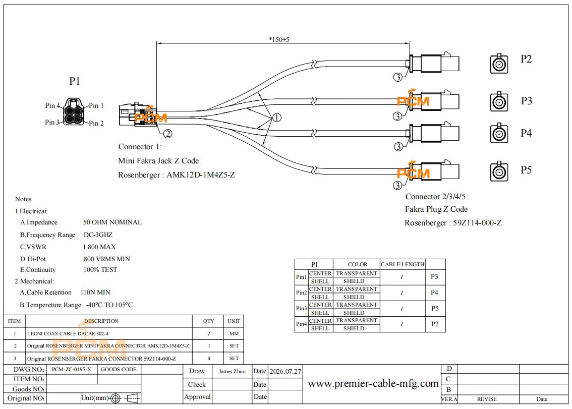 AMK12D-1M4Z5-Z 4 In 1 Mini Fakra Splitter Cable Female to Male 0.15m