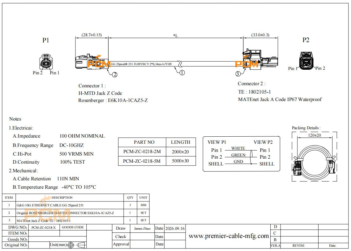 Waterproof MATEnet to H-MTD Adapter Cable for Automotive Ethernet