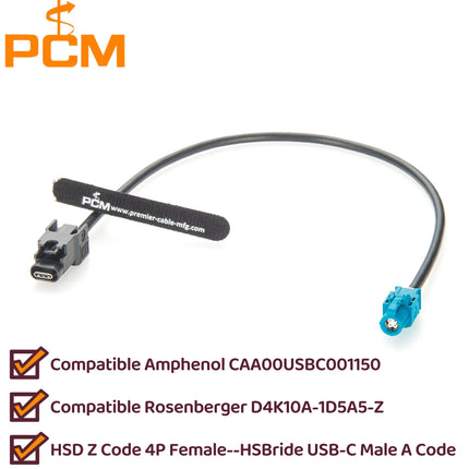 Automotive HSBridge USB Type-C A Code Male to HSD Z Code 4 Pin Female Extension Cable Compatible D4K10A-1D5A5-Z CAA00USBC001150