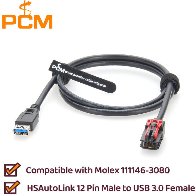 Compatible Molex 111146-3080 12 Pin Male to USB 3.0 Female Adapter Cable HSAutoLink Automotive Data Transfer Cable for Cadillac