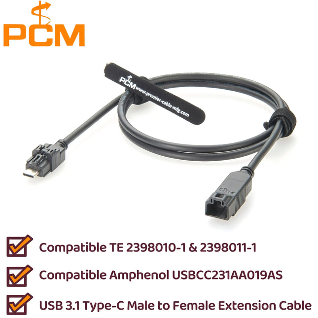 USB 3.1 Type-C A Code Male to Female Extension Cable Compatible TE 2398010-1 & 2398011-1 Amphenol USBCC231AA019AS Mini HSBridge