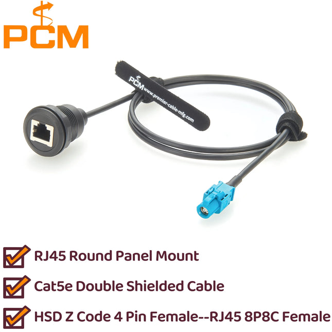 Automotive Ethernet Cable HSD 4 Pin Code Z Female to RJ45 8P8C Female Jack Cat5e Ethernet Round Panel Mount Extension Cable, 1m