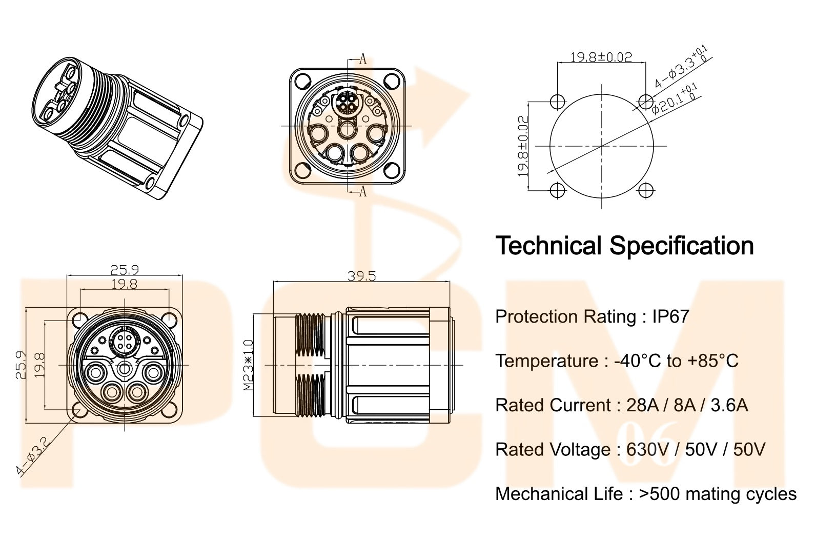 M23 Power Signal Data Hybrid Connector Flange Mount